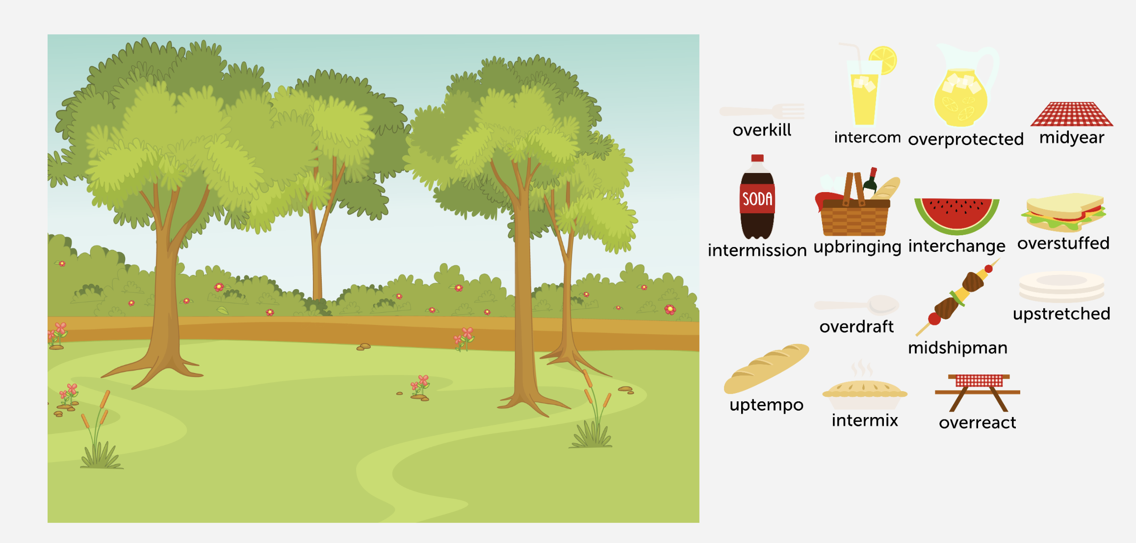 Prefixes: inter, mid, over, up