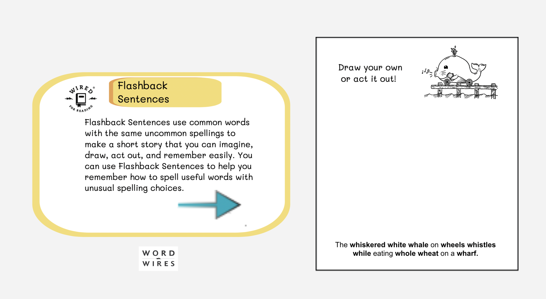 Storing common words with uncommon spelling patterns in one, picturable sentence.